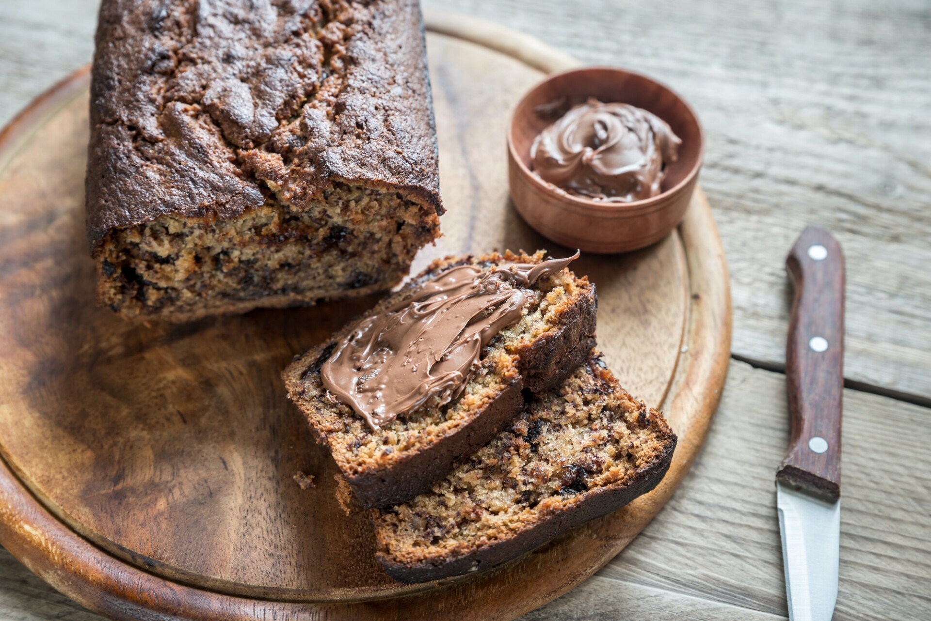 Loaf of banana-chocolate bread with chocolate cream